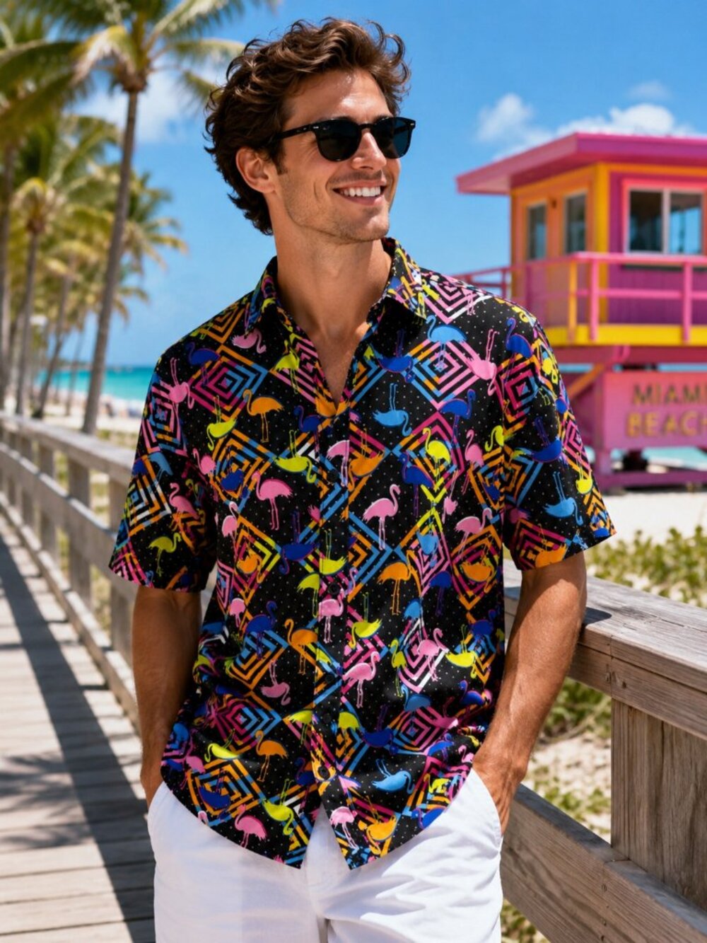 Surf Society Neon Flamingo Button Up Shirt Mens M | Retro 80s Miami Beach Party